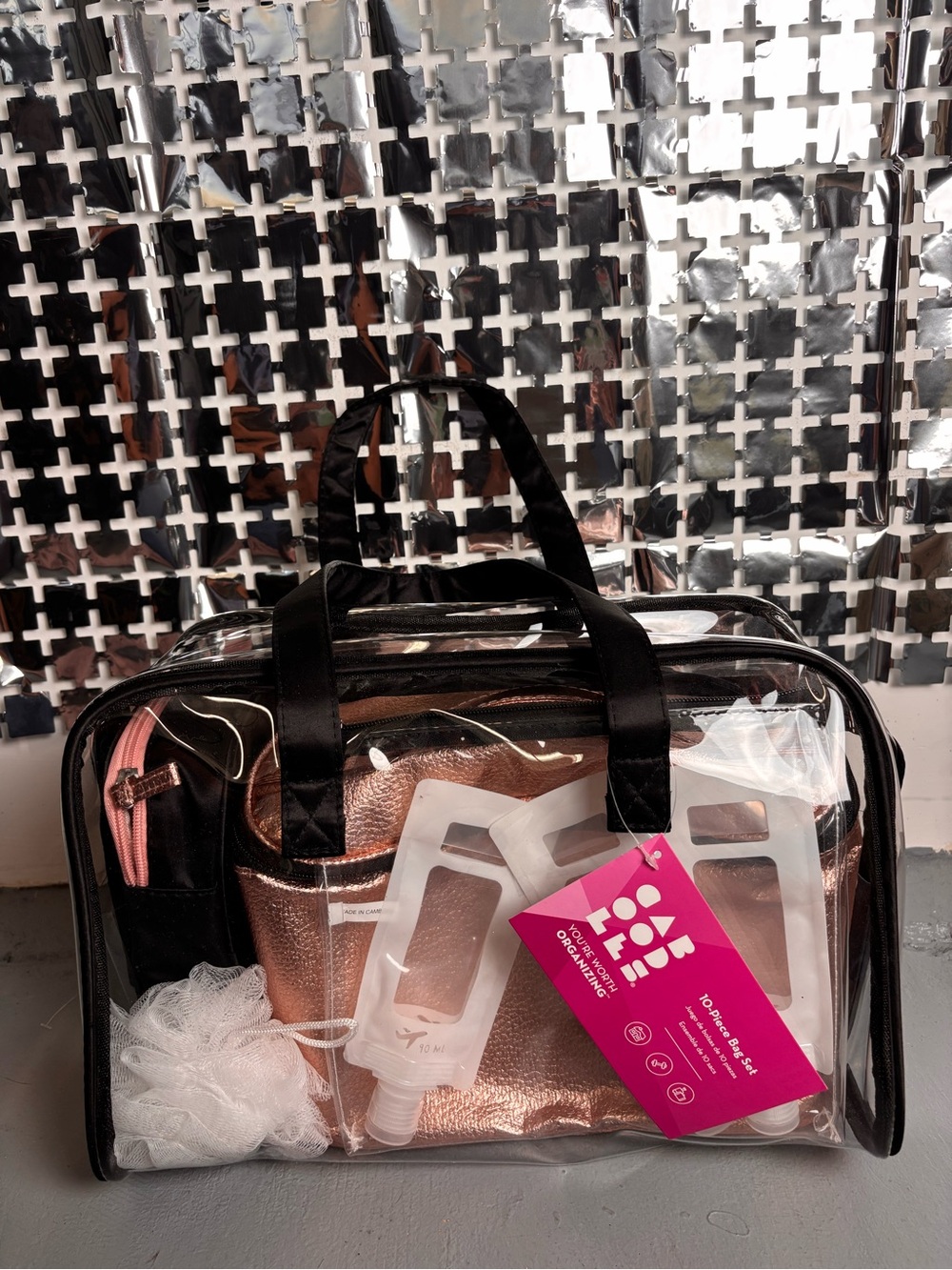 Caboodles Clear Cosmetic Tote with Rose Gold Pouch and Pink Tag